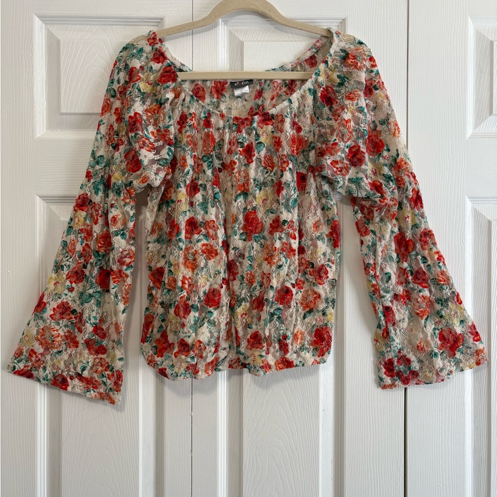Y2K 90s Floral lace bell sleeve blouse with ruffle detail large Fairycore BOHO